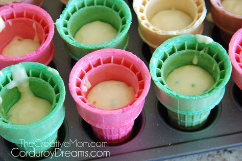 Fruit Cones Party Ideas, Ice Cream Party Food, Ice Cream Cone Cupcakes Recipe, Cupcake Ice Cream Cones, Cone Cupcakes, Bake Cupcakes, Ice Cream Cone Cupcakes, Ice Cream Cone Cake, Cake In A Cone