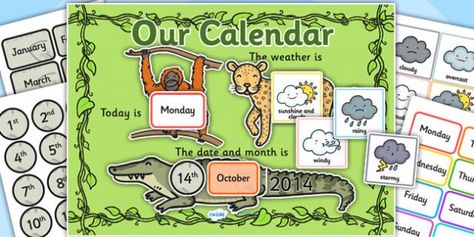 Jungle Themed Display Calendar Weather Cards, Today Is Monday, Classroom Calendar, Home Management Binder, Safari Theme, Jungle Theme, Jungle Safari, Date Cards, A Background