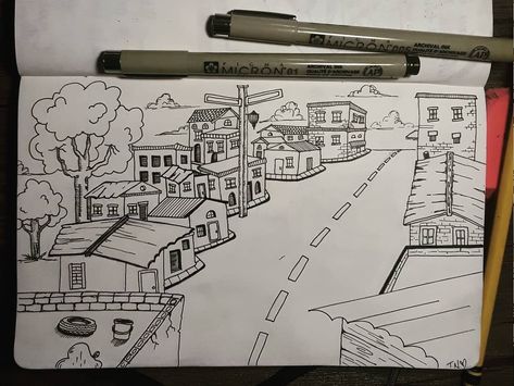 Town Sketch Simple, Simple Town Drawing, Neighborhood Drawing Simple, Town Drawing Simple, Art Class Posters, Town Drawing, Class Poster, Sketches Simple, House Drawing