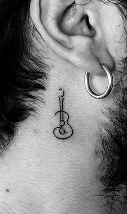 Notes Teardrops On My Guitar Tattoo, Small Gutair Tattoos, Guitar Neck Tattoo, Musician Tattoo Ideas Men, Dainty Guitar Tattoo, Mini Guitar Tattoo, Neck Tattoo Music, Small Guitar Tattoo For Women, Tiny Guitar Tattoo