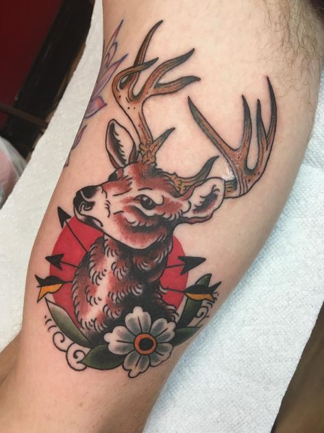 Traditional Deer Tattoo I Got Today - Album on Imgur Traditional Deer Tattoo, Deer Tattoo Meaning, Reindeer Tattoo, Buck Tattoo, Deer Head Tattoo, Elk Tattoo, Deer Tattoo Designs, Stag Tattoo, Tato Tradisional