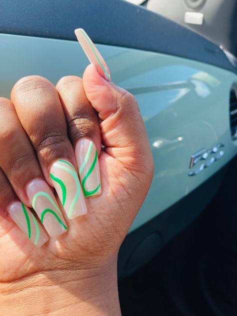 Long, Green, Squiggly Design Nails. Line Acrylic Nail Designs, Acrylic Nails With Lines, Squiggly Nail Designs, Green Line Nail Art, Green Lines Nails, Green Line Nails, Nails Squiggly Lines, Line Green Nails, Squiggly Nail Art