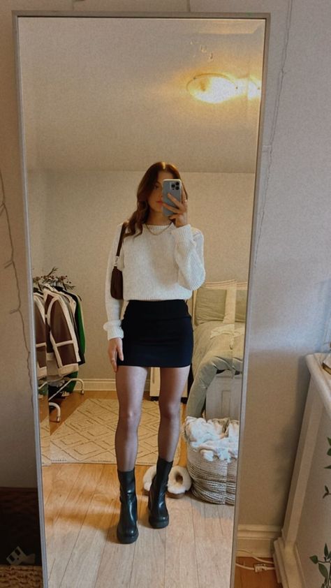 White Sweater Outfit With Skirt, Skirt Sweater Tights Outfit, Tights And Black Skirt Outfit, Black Boots Black Skirt Outfit, Winter Outfits With Black Skirt, Fall Outfits 2023 Skirt, White Sweater Black Skirt Outfit, Fall Outfit Inspo Skirt, Black Skirt White Sweater Outfit