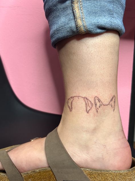 Pointy Dog Ear Tattoo, Bunny And Dog Tattoo, Gsd Ear Tattoo, Dog Face Silhouette Tattoo, Fineline Dog Ear Tattoo, Dog Eats Tattoo, Ankle Dog Tattoo, Puppy Outline Tattoo, Fine Line Corgi Tattoo