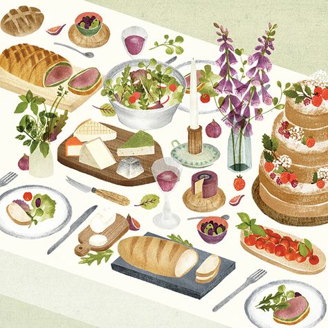 Table Of Food Illustration, Food On Table Illustration, Food Table Illustration, Buffet Illustration, Dinner Table Illustration, Bailey Illustration, Table Illustration, Table Spread, Pyjamas Party