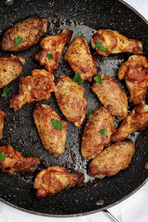 Pan Fried Chicken Wings Recipe | Stove Top Wings - Chicken Vibes Chicken Wings Cast Iron Skillet, Skillet Wings Recipe, Chicken Wings In Pan, Chicken Wings On The Stove Top, Stovetop Chicken Wings Recipe, Pan Fry Chicken Wings, Frying Chicken Wings On Stove, Pan Cooked Chicken Wings, Cast Iron Chicken Wings