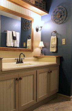 Buckingham Ct - Navy and Tan Bathroom - Bathroom - philadelphia ... Navy Bathroom Ideas, Earth Tone Bathroom, Tan Bathroom, Navy Bathroom, Ideas For Small Bathrooms, Rug Patterns, Linoleum Flooring, Small Bathrooms, Bathroom Trends