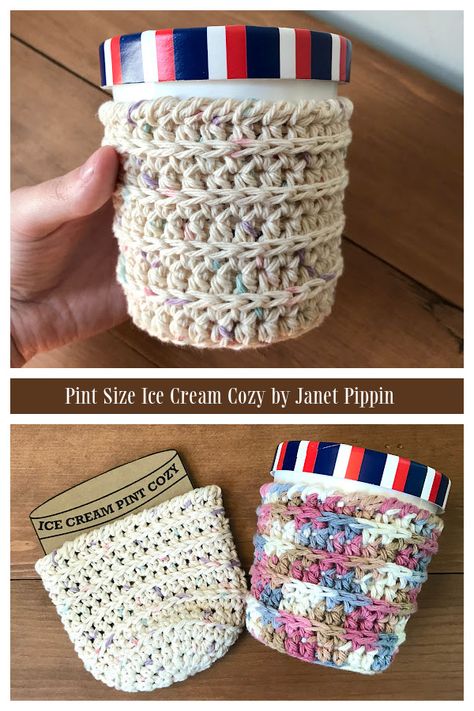 Ice Cream Cozy Free Crochet Patterns - DIY Magazine Ice Cream Coozie Crochet Pattern, Crocheted Ice Cream Pint Cozy, Ice Cream Pint Cozy Crochet Patterns, Ice Cream Pint Cozy Pattern Free, Pint Cozy Crochet Pattern, Ice Cream Koozie Pattern, Pint Size Ice Cream Cozy Pattern, Crochet Craft Fair Free Patterns, Crochet Ice Cream Cozy Pattern Free