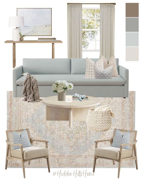 Union Upholstered Sofa curated on LTK Coastal Bohemian Living Room Ideas, Coastal Sitting Room, Blue And Beige Living Room, Blue Coastal Living Room, Neutral Coastal Living Room, Blue And Cream Living Room, Palm Decor, Coastal Family Rooms, Living Room Mood Board