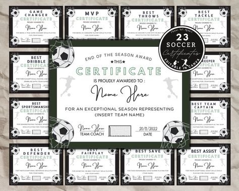 End Of The Season Soccer Gifts, Soccer Certificates Free Printable, Soccer Awards, Awards Banquet, Team Party, Printable Certificates, Soccer Party, Soccer Gifts, Studio Kitchen