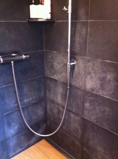 Slate Shower Tile, Painting Slate, Stone Shower Walls, Black Slate Tiles, Slate Shower, Painted Brick Fireplace, Slate Tiles, Fluorescent Light Fixture, Painting Tile Floors