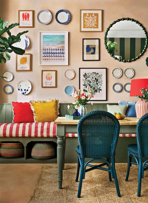 Embrace maximalism: Clashing colours, bold patterns and tactile fabrics Coral Artwork, Walnut Wood Furniture, Country Living Uk, Beach House Aesthetic, House Beautiful Magazine, Pale Wood, Striped Vase, Nesting Coffee Tables, Dining Nook