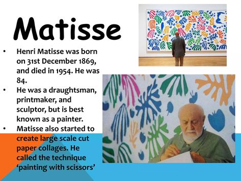 Matisse Art Project, Matisse Kids, Shapes Lessons, Famous Artists Paintings, Kindergarten Art Lessons, Matisse Cutouts, Cut Out Art, Matisse Prints, Art Lessons For Kids