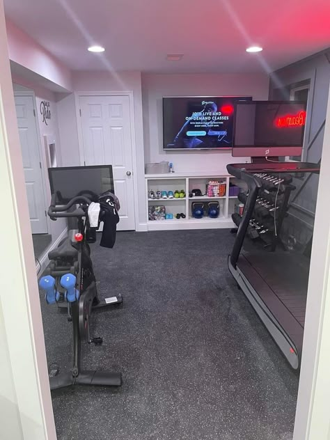 Finished Basement Workout Area, Basement Work Out Room, Upstairs Home Gym, Home Gym Ideas Small Bedroom With Carpet, Home Gym For Beginners, Finished Basement Workout Room, At Home Workout Set Up, Home Gym Ideas Bedroom, Home Treadmill Room