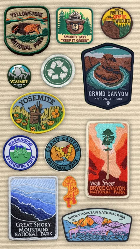 #patches #patchwork #nationalparks #nature #granolagirl #granola Adventure Graphic Design, Backpack With Pins, National Park Patches, Company Swag, Girl Patches, Travel Patches, Camping Aesthetic, Nature Stickers, Mountain Dew