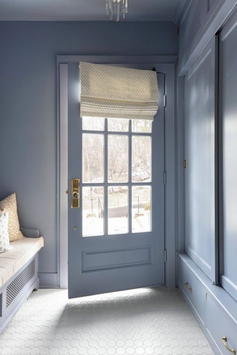 Rochester Historic Project Reveal | Bria Hammel Interiors Blue Mudroom, Wallpaper Staircase, Natural Wood Bed, Bria Hammel Interiors, Octagon Tile, Bria Hammel, Custom Roman Shades, Mudroom Design, Historic House