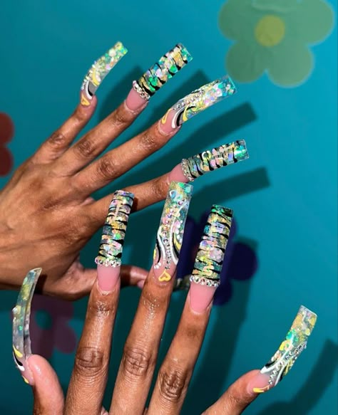 90s Nails, Long Red Nails, Multicolored Nails, Purple Acrylic Nails, Curved Nails, Spring Acrylic Nails, Long Acrylic Nail Designs, Drip Nails, Long Nail Designs