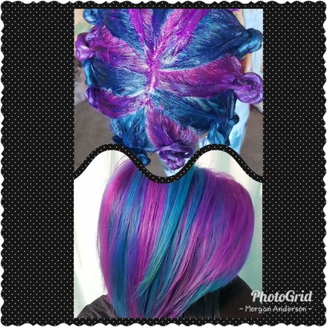 Hair Dye Techniques, Neon Hair Color, Pinwheel Hair Color, Hair Color Placement, Blue And Pink Hair, Vivid Hair Color, Rainbow Hair Color, Creative Hair Color, Multi Colored Hair