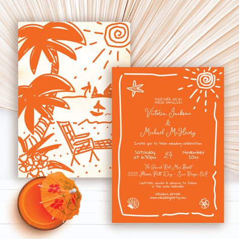 Sunny Tropical Hand drawn Wedding Destination Invitation Tropical Wedding Card, Tropical Invite, Bright Beach Wedding, Wedding Invitations Beach, Mexico Wedding Invitations, Modern Tropical Wedding, Tropical Wedding Color Palette, Quirky Invitations, Palm Tree Wedding Invitations