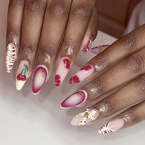 ig: acrylicsbyfatima Acrylic Nails Cherry, Nails Fruit, Nails Cherry, Fruit Nails, Cherry Nails, Print Nails, Nails Fake, Animal Nails, Animal Print Nails