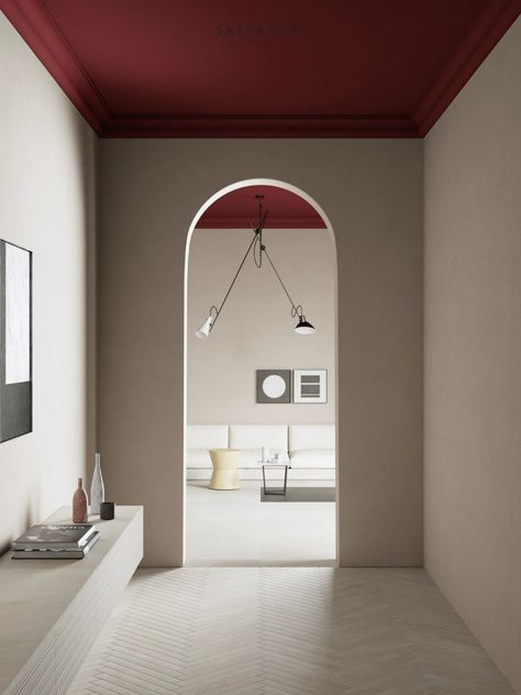 Red Ceiling, Stone Tile Flooring, Triumphal Arch, Dark Floors, Design Del Prodotto, Painted Ceiling, Through The Window, Stone Flooring, Room Paint