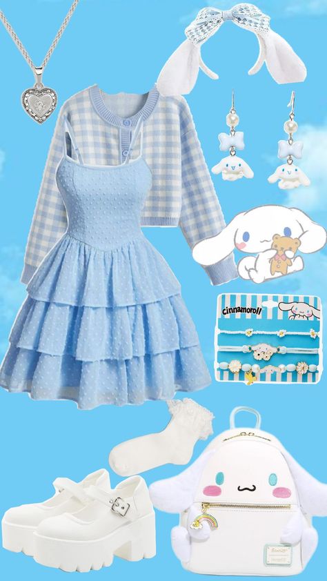 #Cinnamoroll #outfit Cinnamon Roll Merch, Cinamoroll Halloween Costume, Cinnamon Roll Costume, Cinnamonroll Sanrio Outfit, Cinnamoroll Outfit Ideas, Cinnamoroll Moodboard, Cinnamon Roll Outfit, Cinnamoroll Inspired Outfit, Cinnamoroll Costume