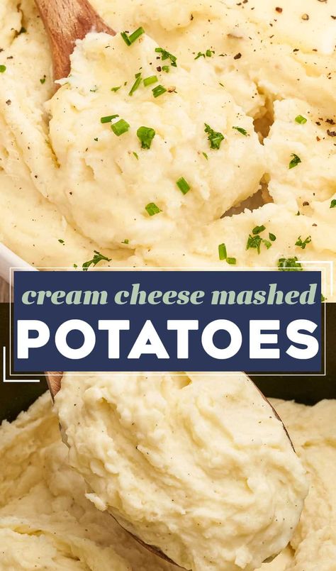 Cream Cheese Mashed Potatoes - The Chunky Chef Mashed Potatoes Recipe With Cream Cheese, Crockpot Mashed Potatoes Cream Cheese, Company Potatoes Recipe, Cream Cheese Mashed Potatoes Recipe, Mashed Potatoes Recipe Cream Cheese, Chunky Mashed Potatoes, Mashed Potatoes With Cream Cheese, Best Mashed Potatoes Recipe, Thanksgiving Mashed Potatoes