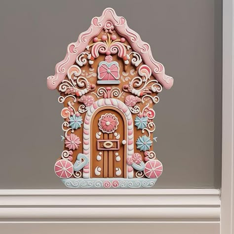 Amazon.com: Christmas Village House Wall Sticker - Pink Frosting Gingerbread House Decor : Tools & Home Improvement 1950s Color Palette, Christmas Gingerbread Decor, Gingerbread House Decor, Pink Gingerbread House, Gingerbread House Template, Vintage Pink Christmas, Christmas Tree Silhouette, Wood Banner, Christmas Doors