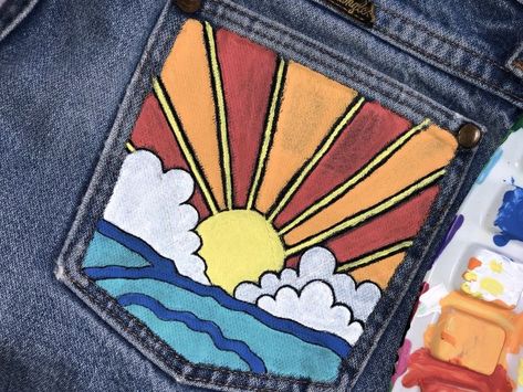 15+ Jean Pocket Painting Ideas | Ideas for DIY Painting On Jeans, Jeans Painting, Pocketful Of Sunshine, Painted Clothes Diy, Tshirt Painting, Denim Art, Paint Shirts, T Shirt Painting, Custom Jeans