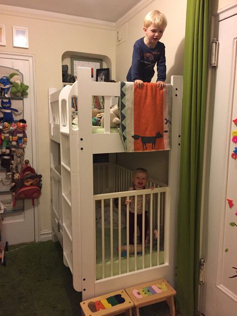 Bunk Bed Over Crib, Bunk Beds With A Crib, Loft With Crib Underneath, Crib Bunk Bed Diy, Crib Size Bunk Beds, Bunk Bed Crib Combo, Bunk Beds And Crib Shared Room, Double Toddler Bed Shared Rooms, Crib Under Loft Bed