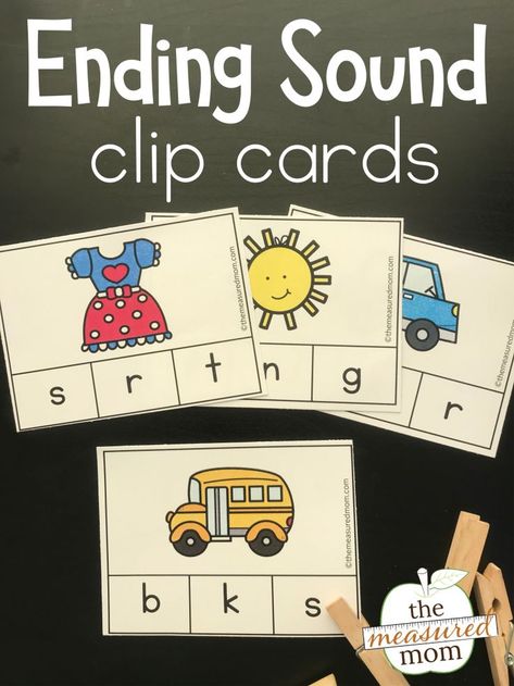 This ending sounds activity freebie is great for learners in preschool and kindergarten. Have kids name the picture at the top and clip the ending letter on these colorful clip cards. Games are such a fun alternative to worksheets! #kindergarten #preschool Letter Sound Activities, The Measured Mom, Measured Mom, Ending Sounds, Literacy Centers Kindergarten, Phonemic Awareness Activities, Kindergarten Language Arts, Worksheets Kindergarten, Card Games For Kids