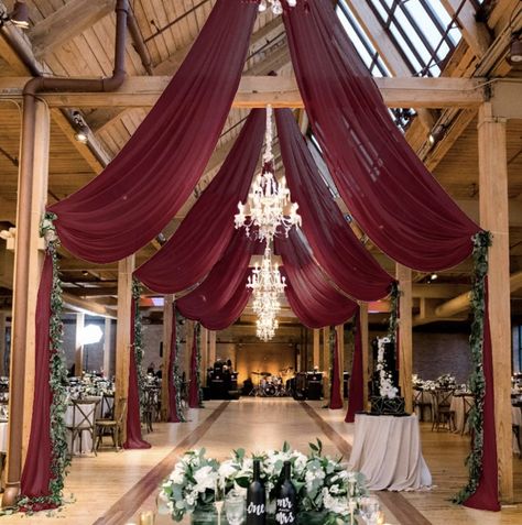 Wine And Gold Wedding, Wedding Slate Blue, Elegant Western Wedding, Ceiling Swag, Swag Party, Wedding Arch Draping, Ceiling Drapery, Ceiling Drapes, Arch Draping