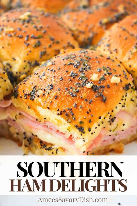 Southern Ham, Hawaiian Ham And Cheese Sliders, Ham Delights, Savory Butter, Hawaiian Ham, Ham Rolls, Easy Slider Recipes, Ham Cheese Sliders, Ham Sliders