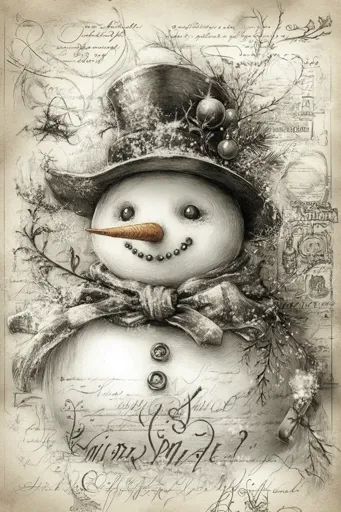 ↑↑↑ Larger size on website 🔸 The image is a pencil drawing of a snowman wearing a top hat and a scarf,  against a background of h Vintage Snowman Images, Snowman Tattoo, Snowman Drawing, Wide Smile, Whimsical Snowman, Snowmen Pictures, Snowman Images, Handwritten Text, A Background