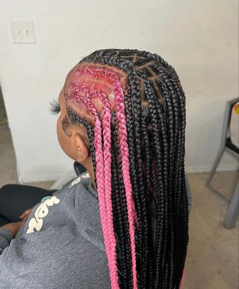 Knotless Mermaid Box Braids, Black Fulani Braids, Box Braids Black And Pink, Pink Nd Black Braids, Black And Pink Box Braids With Curls, Braided Hairstyles Pink And Black, Black Mixed With Pink Braids, Side Shaved Hair, Side Shaved