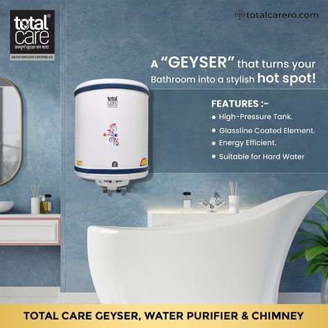 A Geyser that turns your bathroom into a stylish hot spot. Total Care Geyser, RO Water Purifier & Chimney . . Get in touch with us: 💌: globalwater123@gmail.com 🌐: www.totalcarero.com 📱: +91- 88376-36879 https://wa.link/8sijwt . . . . . . #totalcare #tdscontroller #waterpurifier #waterfilter #water #purewater #cleanwater #waterpurification #airfilter #totalcarero #totalcare #totalro #totalcaregeyser #swissfilter #swissro #healthylifestyle #waterfiltration #totalcare #geyser Geyser In Bathroom, Water Geyser, Ro Water Purifier, In Bathroom, Water Purification, Pure Water, Hard Water, Water Filtration, Water Purifier