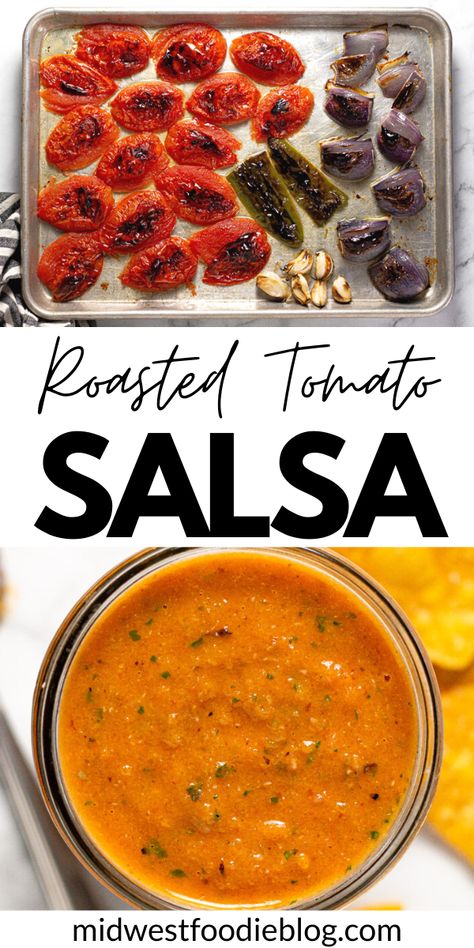 This quick and easy Roasted Tomato Salsa comes together in about 20 minutes with the help of your broiler and your blender. It’s a great way to use up all those fresh veggies from the garden and you can easily customize it to suit your family’s taste – make it spicy or mild, chunky or smooth. Use this recipe is a blueprint to make your family’s favorite homemade salsa in just minutes! Salsa Recipe Roasted Tomatoes, Homemade Tomato Salsa, Salsa Recipes Homemade, Homemade Spicy Salsa, Roasted Tomato Salsa Recipe, Roasted Salsa Recipe, Tomato Salsa Recipe, Roasted Tomato Salsa, Salsa Recipes