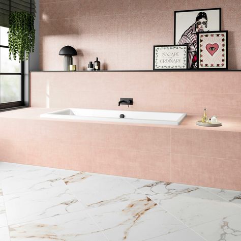 Large Tile Bathroom, Vibe Board, Luxury Bathroom Tiles, Pink Tile, Pink Showers, Tile Accessories, Large Tile, Pink Tiles, Large Bathrooms