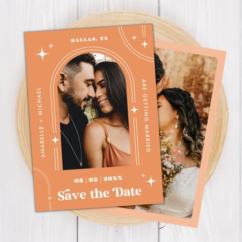 Surprise your friends and family with these elegant Save the dates featuring arched photo, apricot crush background, custom photos and details. It is available as a digital download and paper as well. Red Gold And Black Wedding, Retro Wedding Invites, Black Wedding Invites, Seventies Wedding, Aesthetic Wedding Invitations, Wedding Invitations Qr Code, Retro Save The Date, Peach Wedding Theme, Apricot Wedding