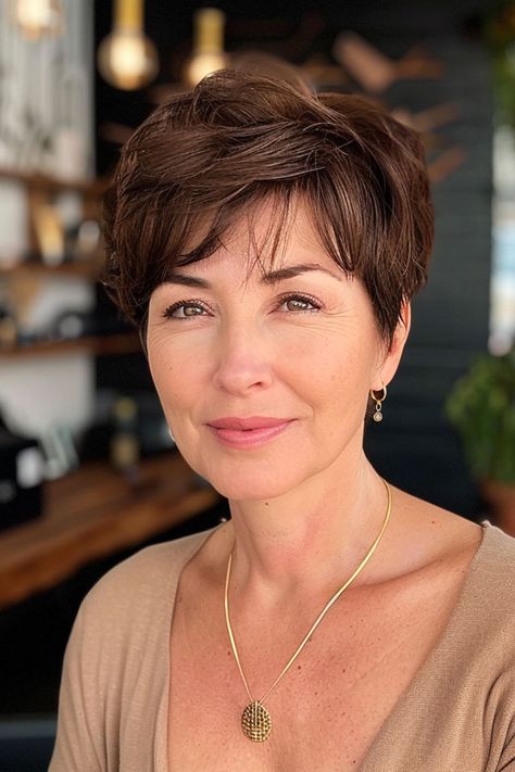 Chestnut Brown Pixie, pixie haircut for women over 60 Chestnut Brown Pixie Hair, Brown Pixie Hair, Pixie Haircut For Women, Brunette Pixie Cut, Brown Pixie, Brown Pixie Cut, Brunette Pixie, Platinum Pixie, Haircut For Women