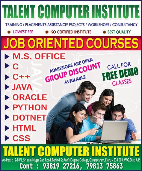 TALENT COMPUTER INSTITUTE IS THE BEST SOFTWARE TRAINING CENTRE IN ELURU WE PROVIDING COMPUTER COACHING ON MS OFFICE PYTHON JAVA ORACLE DOTNET AUTOCAD PHP MANUAL TESTING AND AUTOMATION TESTING DIGITAL MARKETING WEBDESIGN MANY COURSES ETC HERE GIVING TRAINING JOB ORIENTED TRAINING Computer Institute Banner Design, Course Poster, Computer Theme, Computer Course, Autocad Revit, Automation Testing, Computer Center, Flex Banner Design, Office Training