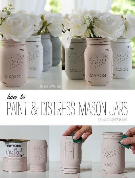 Shabby Chic Diy Projects, Chalk Paint Mason Jars, Distressed Mason Jars, Jar Projects, Mason Jar Projects, Mason Jar Ideas, Diy Jar Crafts, Romantic Shabby Chic, Jar Ideas