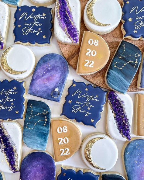 Written In The Stars Adoption Party, It Was Written In The Stars, Space Bridal Shower Theme, Star Themed Cookies, Written In The Stars Engagement Party, Written In The Stars Bachelorette Party, Moon And Stars Party Decorations, Written In The Stars Bachelorette, Galaxy Bachelorette Party