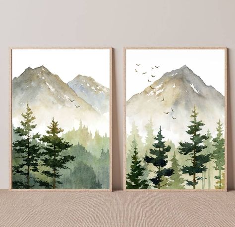 Forest Painting Watercolor, Pine Tree Wall, Neutral Landscape, Mountain Valley, Wall Art Set Of 2, Art Set Of 2, Pine Forest, Watercolor Art Prints, Pine Tree