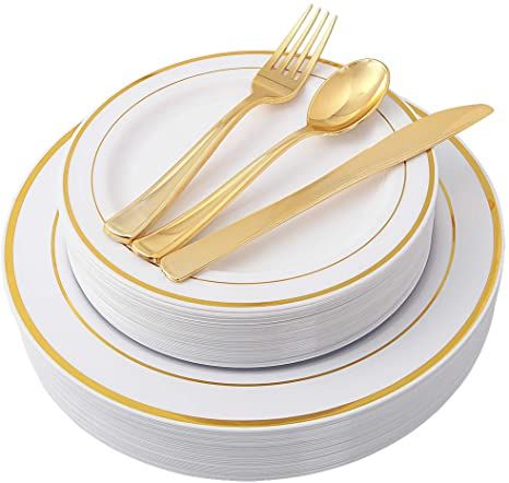 100 Piece Gold Plastic Plates with Gold Silverware, Premium Plastic Dinnerware Set Includes : 20 Dinner Plates, 20 Dessert Plates, 20 Forks, 20 Knives and 20 Spoons Fancy Disposable Plates, Gold Plastic Silverware, Friendsgiving Decorations, Gold Plastic Plates, White Plastic Plates, Gold Silverware, Plastic Dinnerware Sets, Gold Cutlery Set, Plastic Silverware