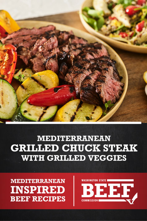 Dive into this marinated, grilled chuck steak paired with flavors of the Mediterranean. Served with seasonal grilled vegetable Mediterranean Steak Recipes, Beef Chuck Steak Recipes, Chuck Steak Recipes, Mediterranean Seasoning, Beef Chuck Steaks, Chuck Steak, Mediterranean Recipes Healthy, Mediterranean Diet Recipes Dinners, Summer Grilling