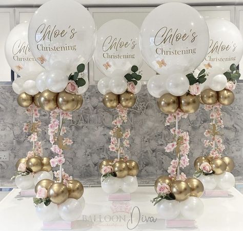 Baptism Balloon Decorations, Confirmation Balloons, Communion Balloon Decor, Balloon And Pampas Centerpiece, First Communion Balloons, Baptism Balloons, Gold And White Table Balloons, Communion Balloons, Confirmation Balloon Decor