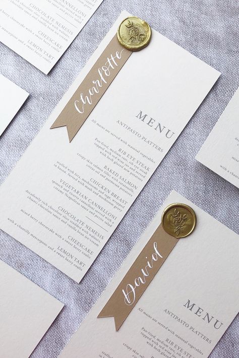 Wedding Stationery Wax Seal, Wedding Menu Ideas With Wax Seal, Wedding Programs With Wax Seal, Placecards Wedding Wax Seal, Menu Cards With Wax Seal, Wedding Menu Ideas With Names, Gold Wedding Menu Cards, Wedding Menu Placecard, Menu Wax Seal