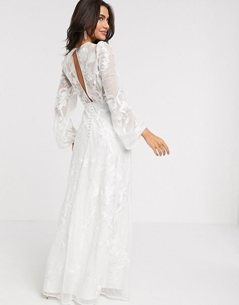 Embroidered Wedding Dress with Long Blouson Sleeves | Dress for the Wedding High Street Wedding Dresses, Asos Wedding Dress, Asos Wedding, Sequin Kimono, Embroidered Wedding Dress, Hippie Wedding, City Hall Wedding, Blouson Sleeve, Affordable Wedding Dresses