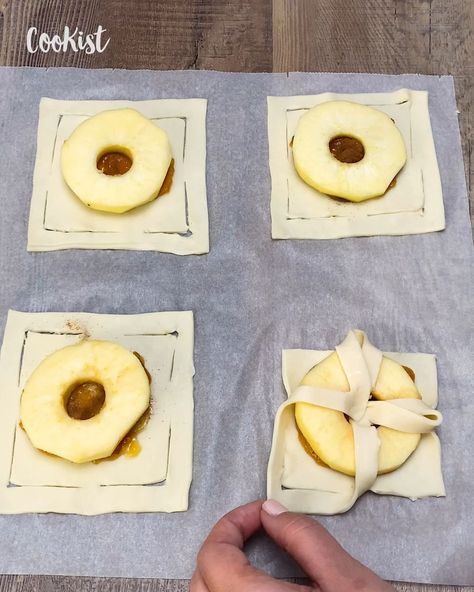 Apple Slices Rolled In Puff Pastry, Apple Slice Puff Pastry, Pineapple Puff Pastry Recipes, Apple Blossom Recipe Puff Pastries, Upside Down Dessert Puff Pastry, Pineapple Puff Pastry Desserts, Apple Ring Puff Pastry, Apple Tarts With Puff Pastry, Easy Apple Puff Pastry Recipes